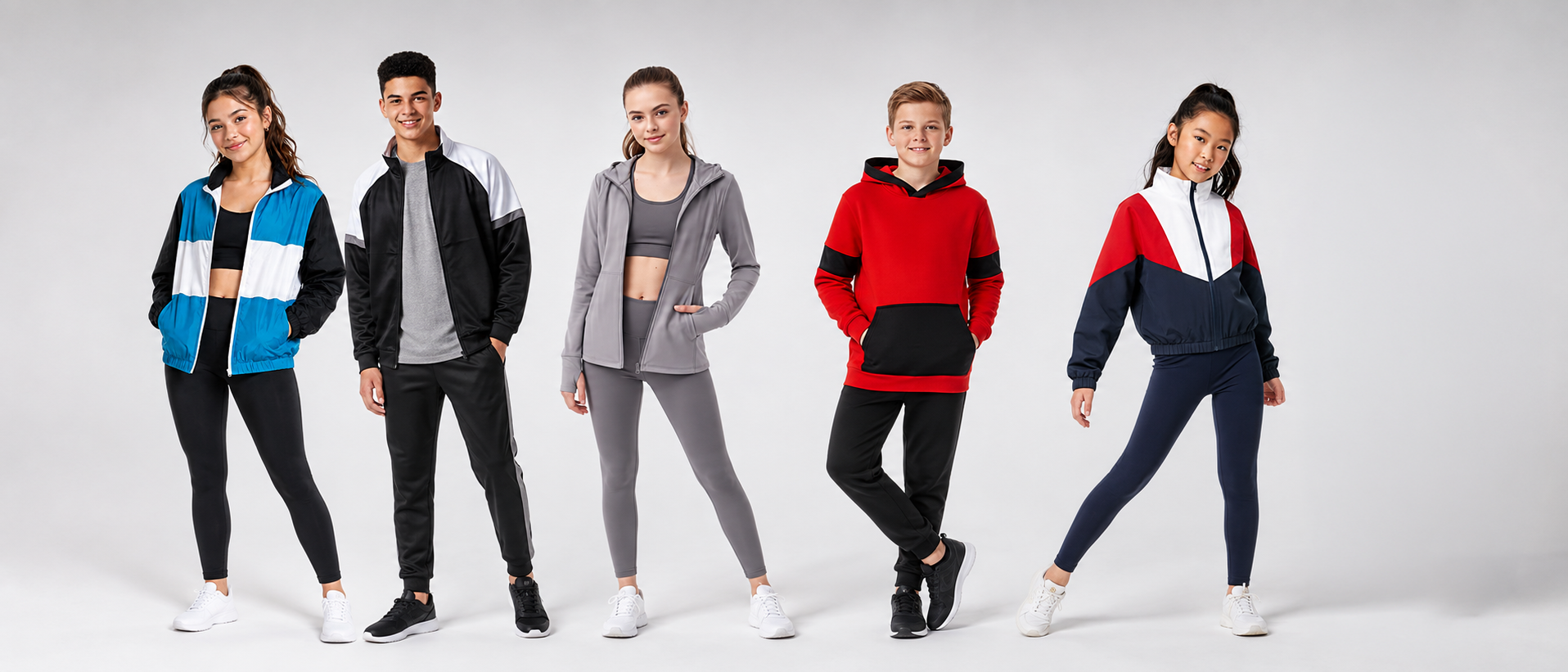 Five dancers wearing custom X Collection apparel